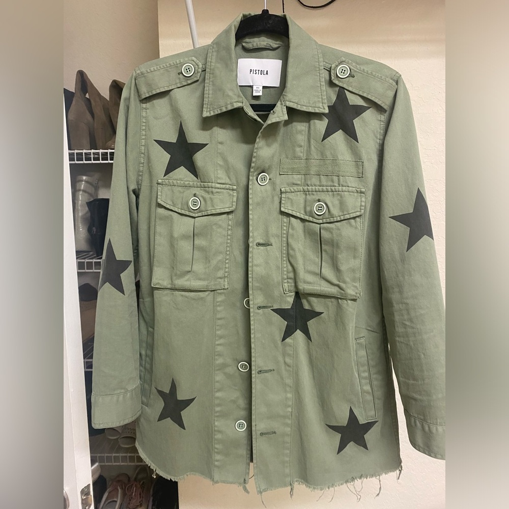 Womens Green Military Style Shirt Jacket With Black Stars.
